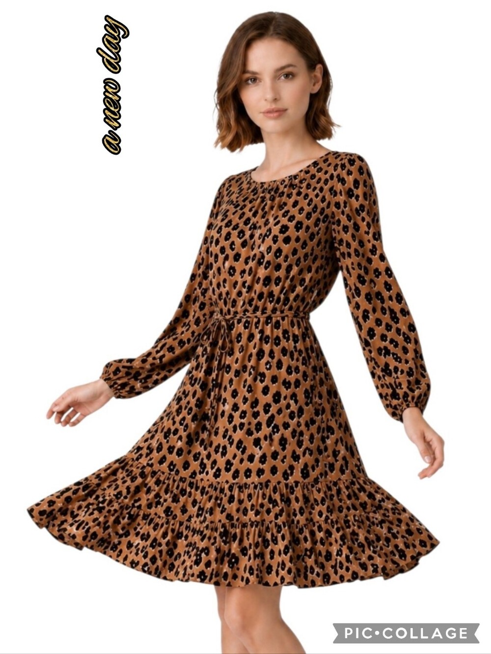 A New Day leopard print dress long sleeve tie waist tan/black elastic cuffs nwt